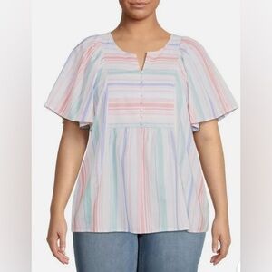 Terra & Sky Pastel Stripes Flutter Sleeves Babyboll Blouse Cotton Size 3X 24-26